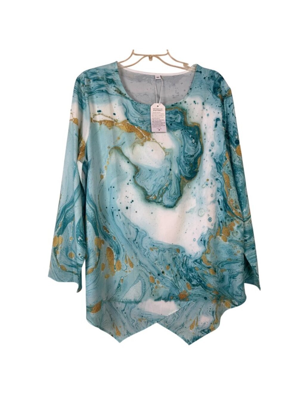 Made with Love NEW Blouse Teal White Gold Women's XXL Office Lightweight Marble
